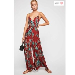 Free People Alissa Red/Brown Wide Leg Tropical Jumpsuit 4